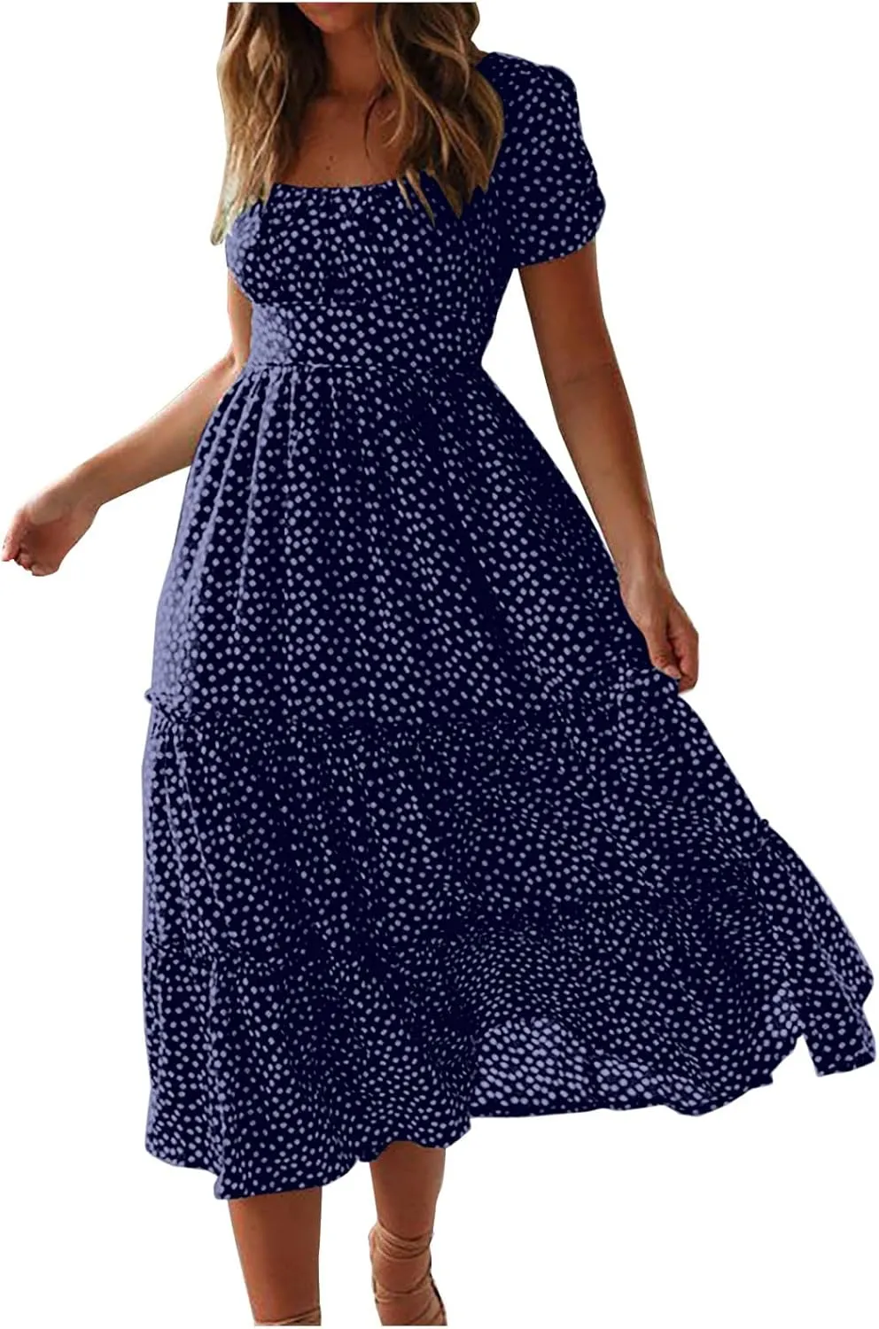 Midi Dresses for Women Floral Boho Beach Dress Casual Summer Sundresses High Waisted A Line Wedding Guest Party Dress