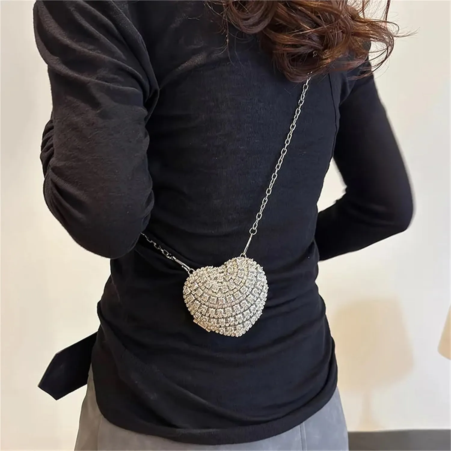 Mini Diamond Inlay Heart Shape Crystal Clutch Purse Stones Evening Wedding Party Shoulder Bag