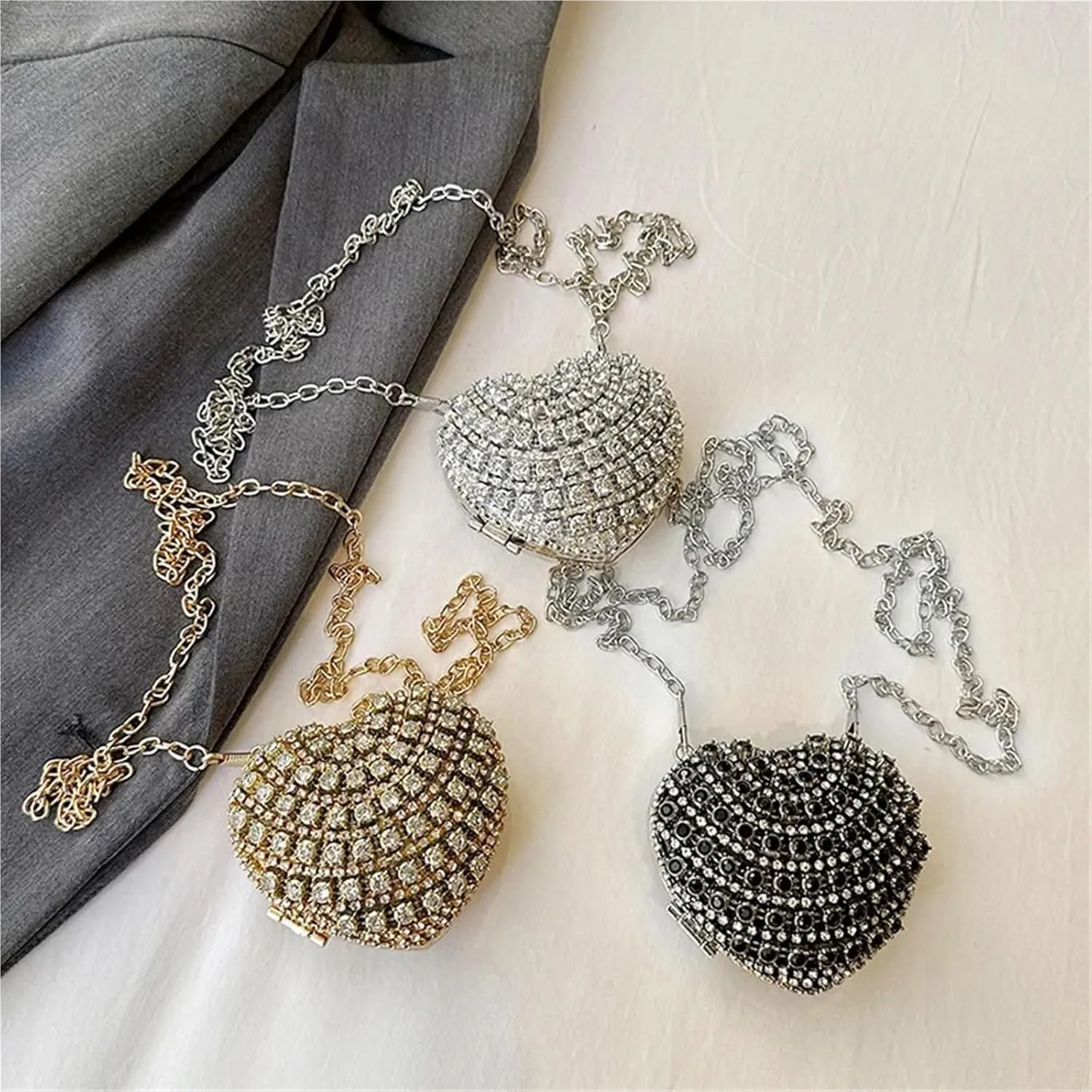 Mini Diamond Inlay Heart Shape Crystal Clutch Purse Stones Evening Wedding Party Shoulder Bag