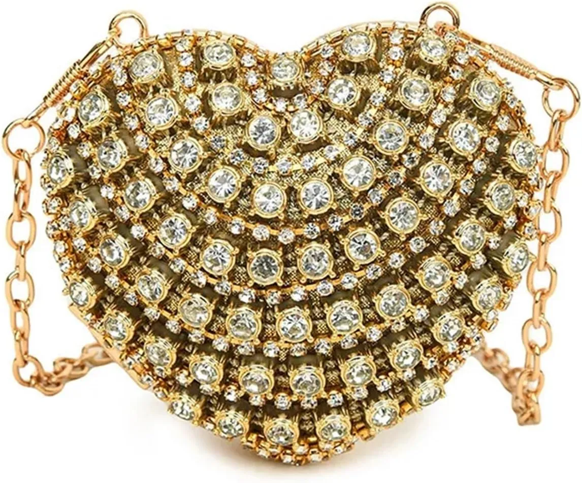 Mini Diamond Inlay Heart Shape Crystal Clutch Purse Stones Evening Wedding Party Shoulder Bag