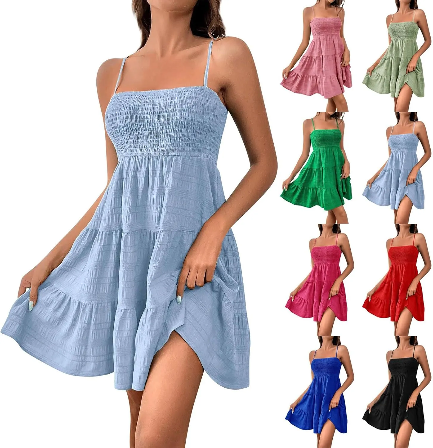 Mini Sundresses for Women Smocked Square Neck Spaghetti Strap Skater Dress Summer Loose Comfy Tiered Ruffle Dress