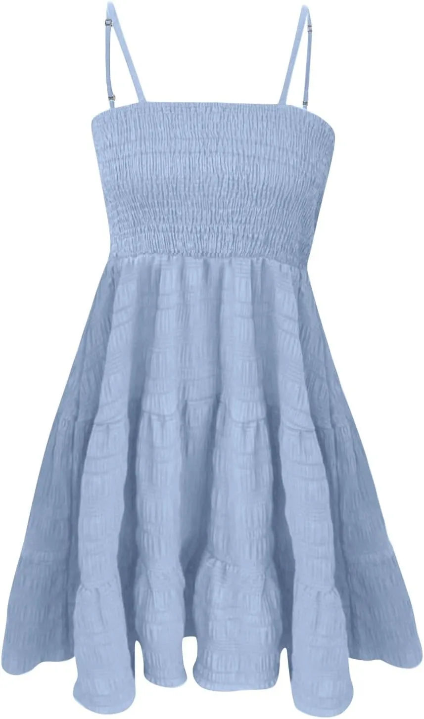 Mini Sundresses for Women Smocked Square Neck Spaghetti Strap Skater Dress Summer Loose Comfy Tiered Ruffle Dress