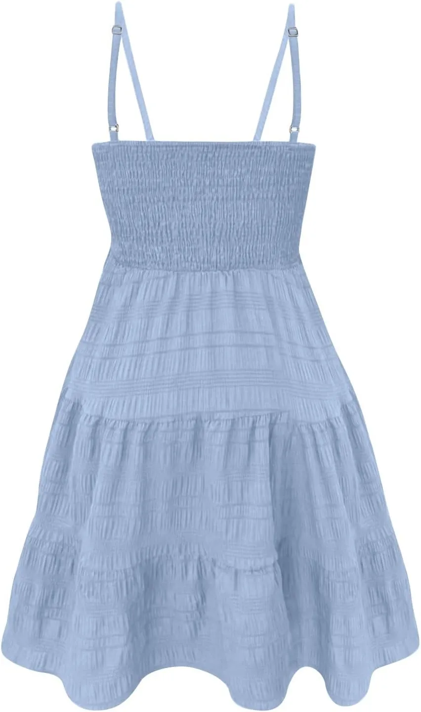 Mini Sundresses for Women Smocked Square Neck Spaghetti Strap Skater Dress Summer Loose Comfy Tiered Ruffle Dress