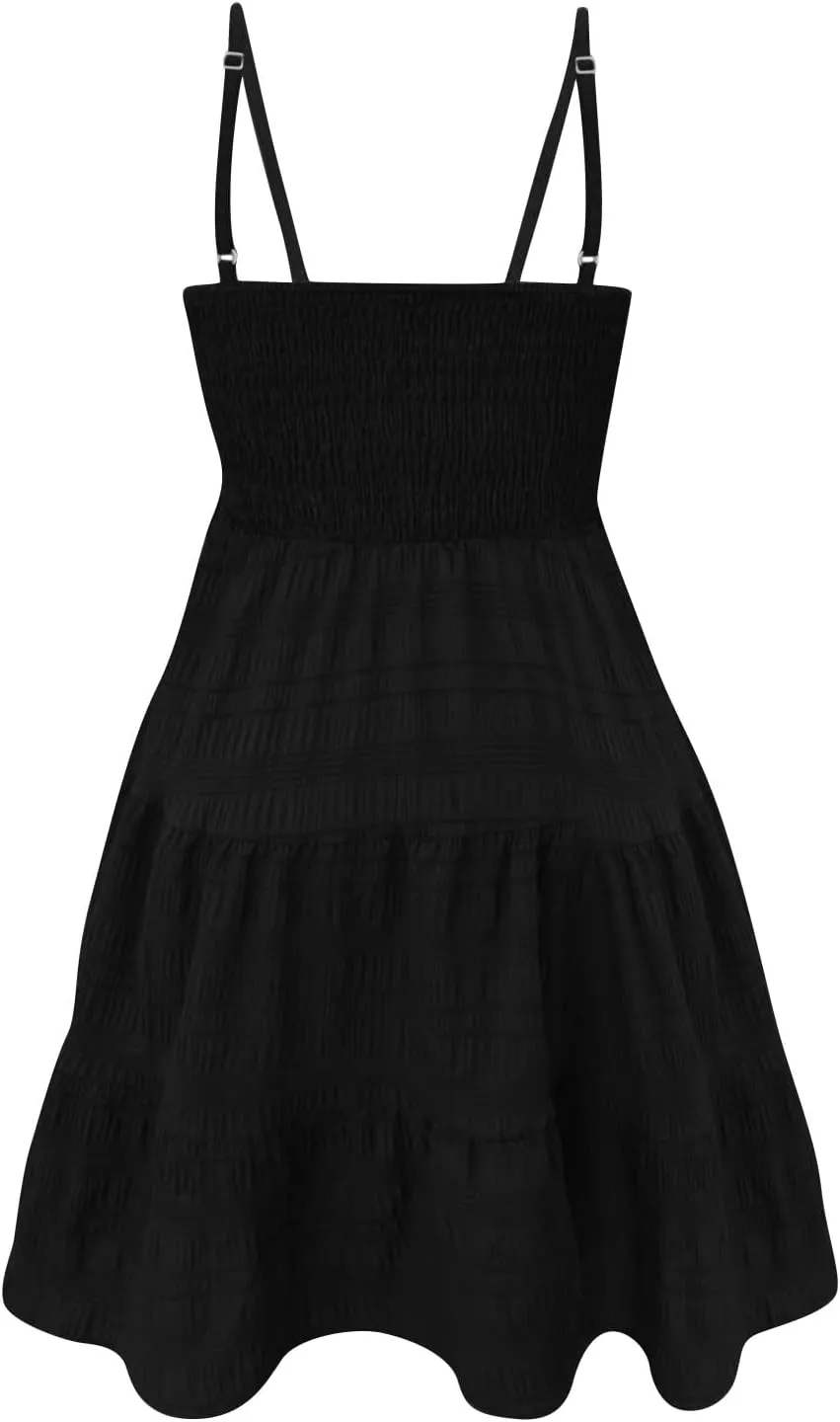 Mini Sundresses for Women Smocked Square Neck Spaghetti Strap Skater Dress Summer Loose Comfy Tiered Ruffle Dress