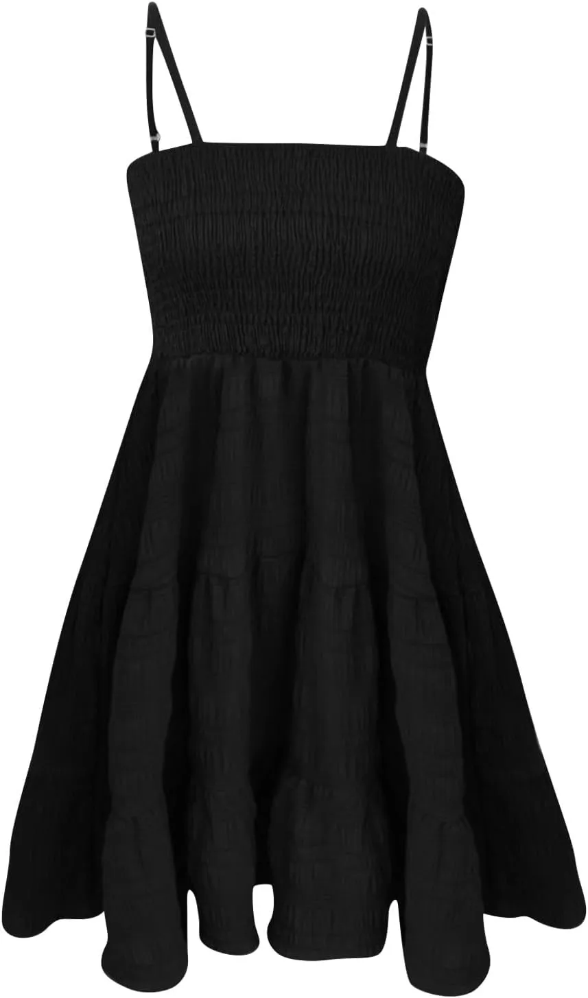 Mini Sundresses for Women Smocked Square Neck Spaghetti Strap Skater Dress Summer Loose Comfy Tiered Ruffle Dress