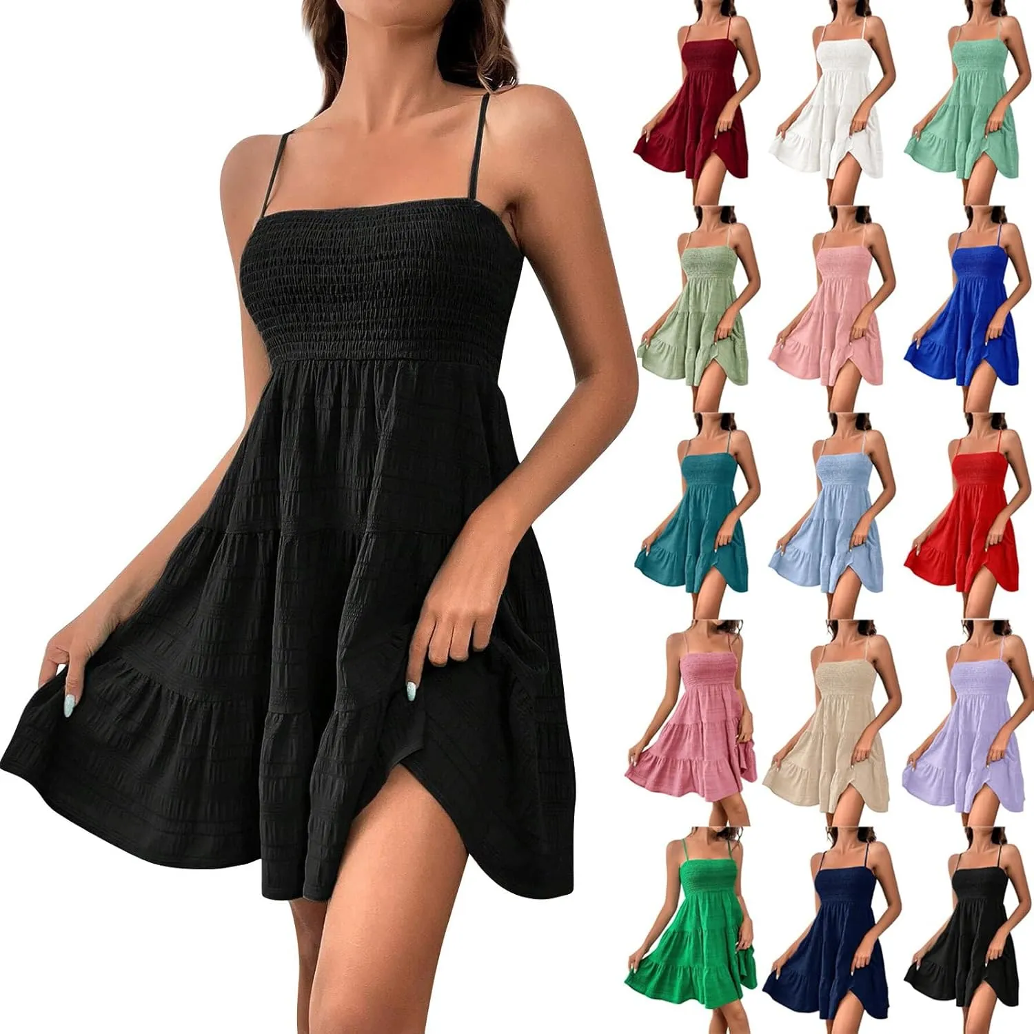 Mini Sundresses for Women Smocked Square Neck Spaghetti Strap Skater Dress Summer Loose Comfy Tiered Ruffle Dress