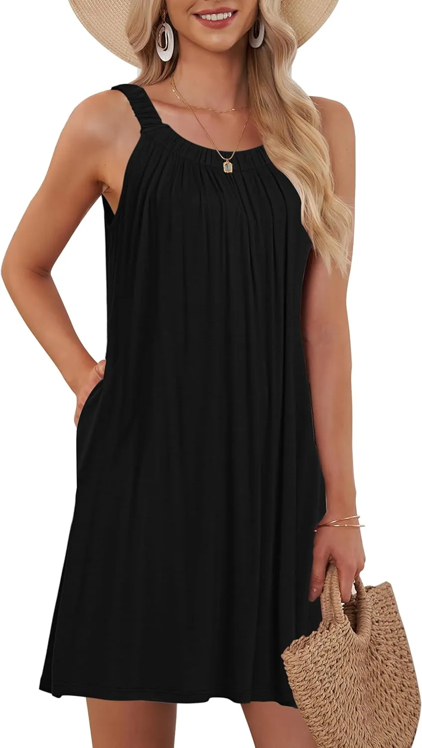 MISFAY Women's Beach Cover Up Tank Dress Casual Vacation Short Summer Halter Dresses with Pockets
