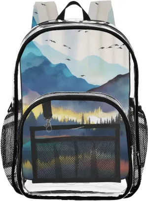 Misty Forest Mountain Clear Backpack with Back Print, Heavy Duty See Through Backpacks PVC Transparent Daypack for Travel Security