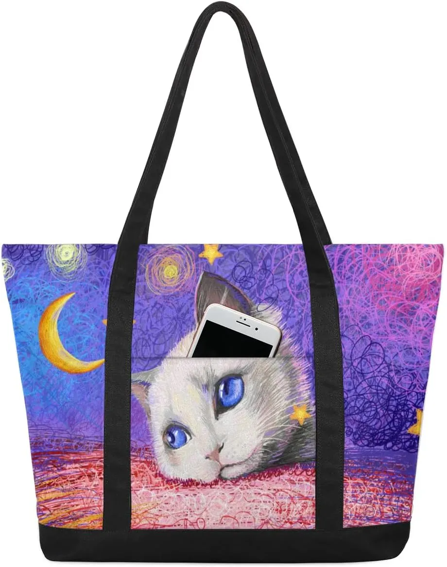 Moon Star Cat Tote Bag for Women Work Canvas Travel Tote Bags with Zipper Large Capacity Casual Handbag with Inner Pockets Reusable Shopping Shoulder Bag for Teacher Nurse