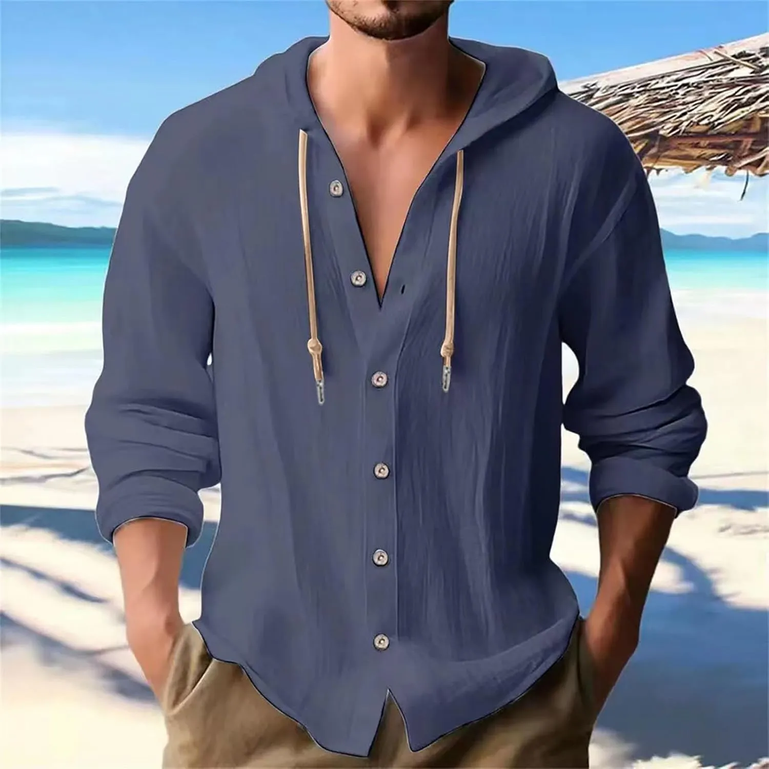 Muscularfit Casual Shirts for Men Summer Loose Fit Long Sleeve Cotton Linen Hooded Sweatshirts Outdoor Fashion Linen Shirts