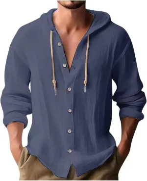 Muscularfit Casual Shirts for Men Summer Loose Fit Long Sleeve Cotton Linen Hooded Sweatshirts Outdoor Fashion Linen Shirts
