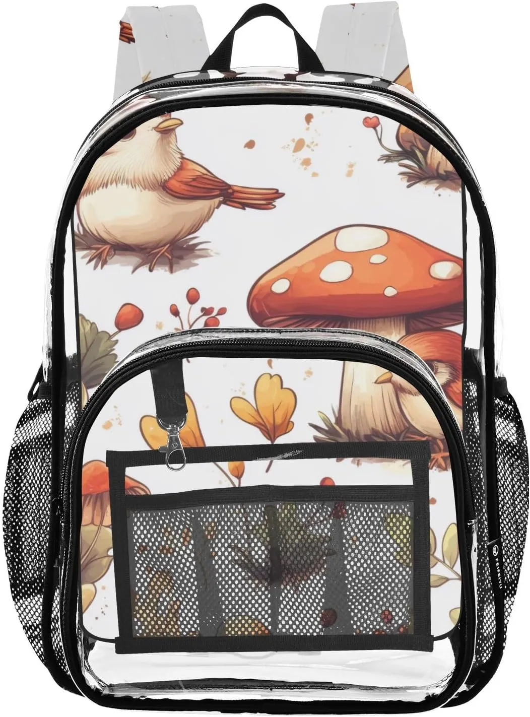 Mushrooms Birds Clear Backpack with Back Print, Heavy Duty See Through Backpacks PVC Transparent Daypack for Travel Security