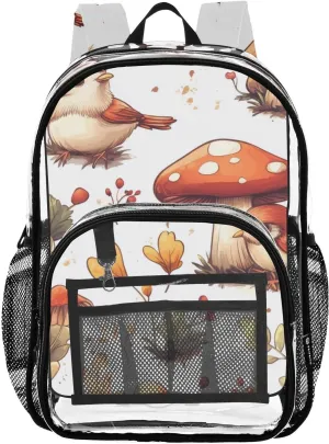 Mushrooms Birds Clear Backpack with Back Print, Heavy Duty See Through Backpacks PVC Transparent Daypack for Travel Security