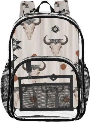 Native Aztec Tribal Bull Skull Clear Backpack with Back Print, Heavy Duty See Through Backpacks PVC Transparent Daypack for Travel Security