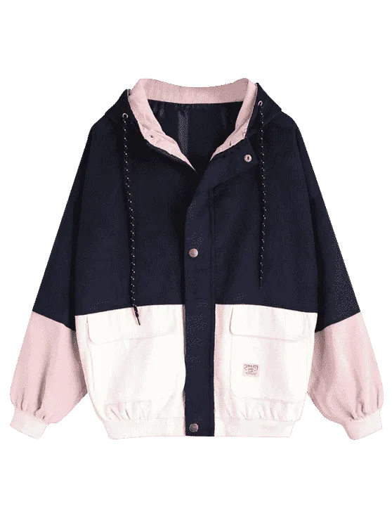 Navy Pink Hooded Color Block Corduroy Jacket