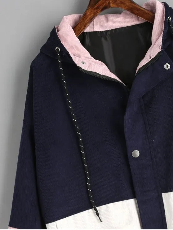 Navy Pink Hooded Color Block Corduroy Jacket