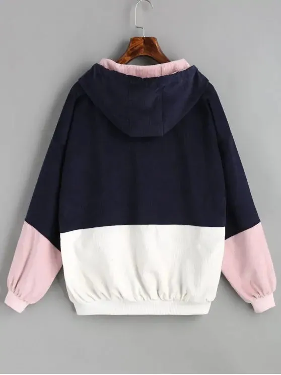 Navy Pink Hooded Color Block Corduroy Jacket