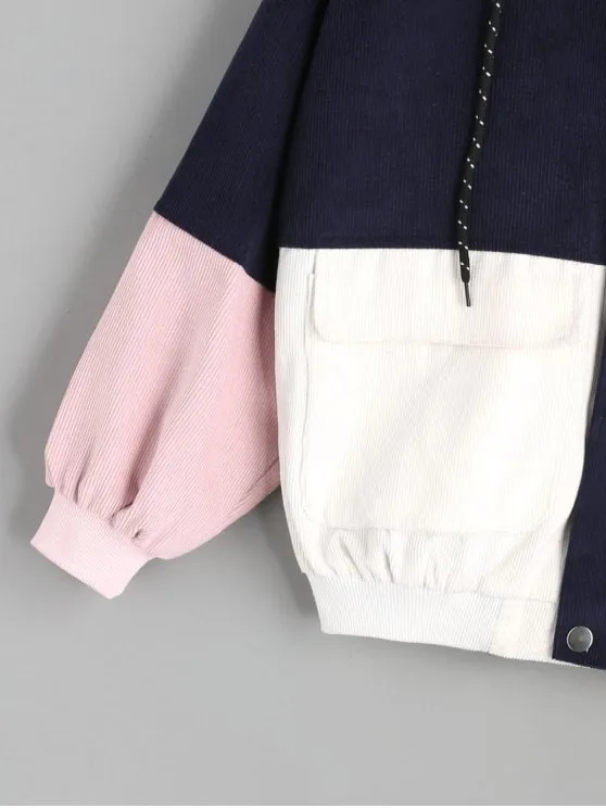 Navy Pink Hooded Color Block Corduroy Jacket