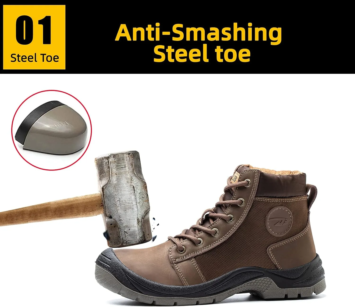 NBUUNBU Steel Toe Work Boots for Men Safety Work Shoes Slip Resistant Abrasion Resistance Leather Insulated Indestructible Boots Breathable Construction Footwear