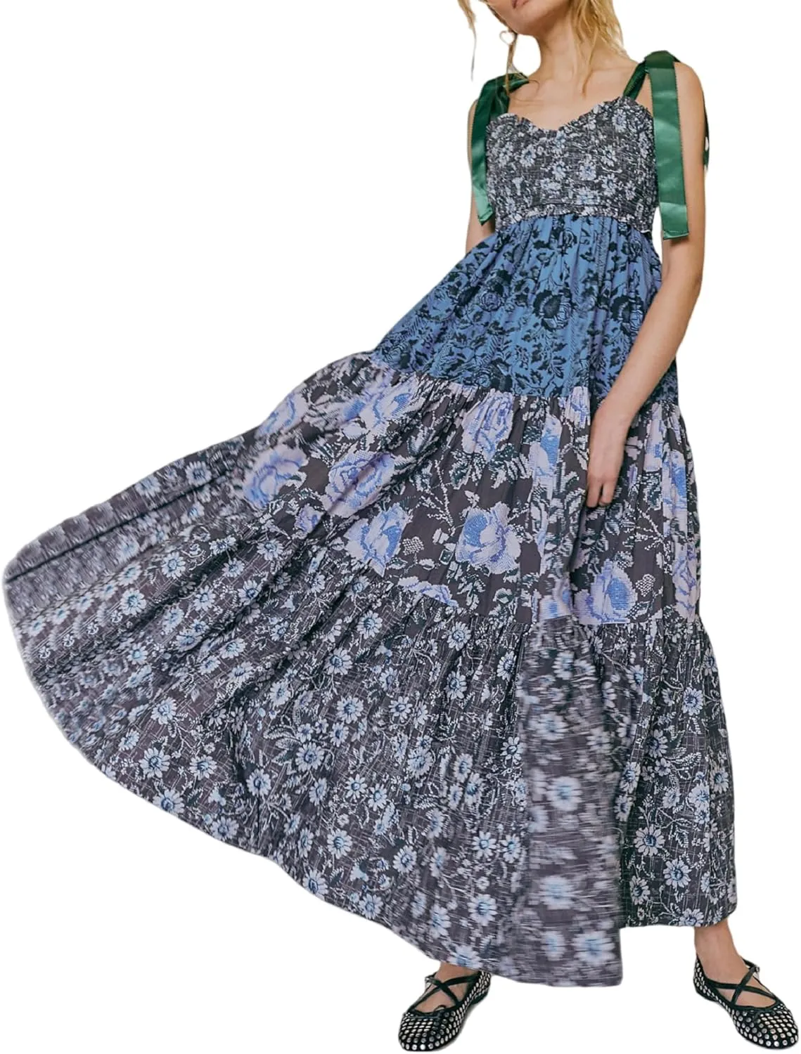 NUFIWI Boho Tie Shoulder Dress for Women Floral Patchwork Long Sundress Sleeveless Flowy Smocked Summer Bohemian Dresses