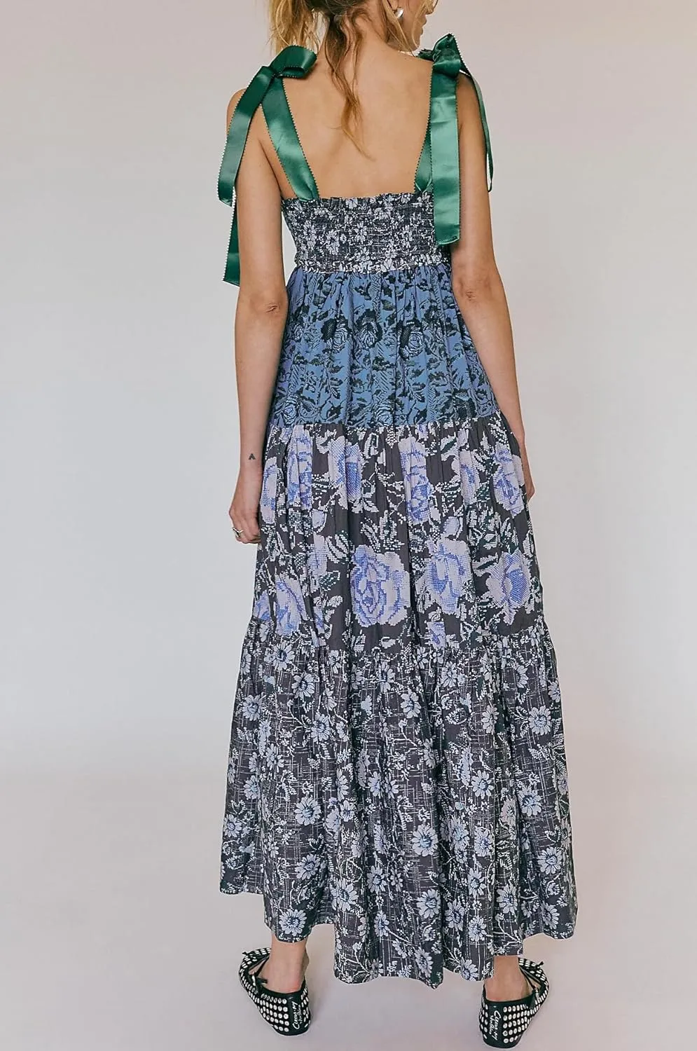 NUFIWI Boho Tie Shoulder Dress for Women Floral Patchwork Long Sundress Sleeveless Flowy Smocked Summer Bohemian Dresses