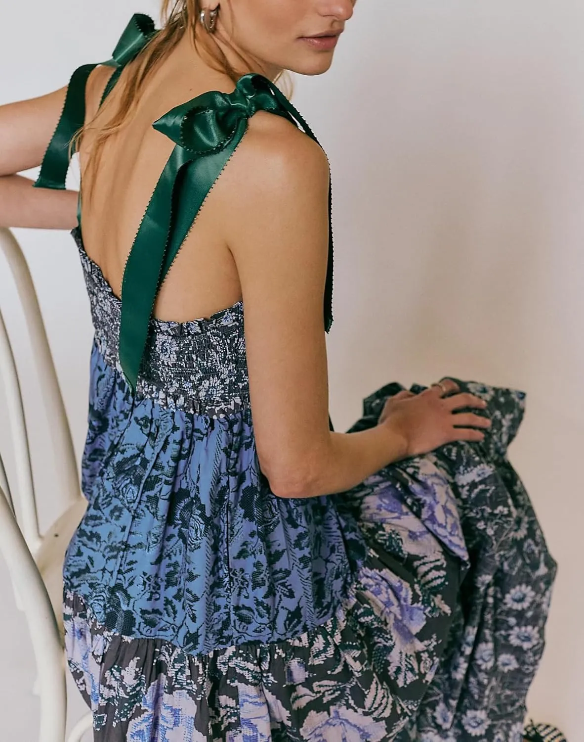 NUFIWI Boho Tie Shoulder Dress for Women Floral Patchwork Long Sundress Sleeveless Flowy Smocked Summer Bohemian Dresses