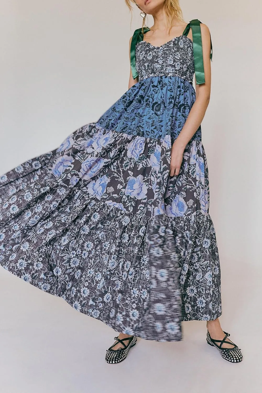 NUFIWI Boho Tie Shoulder Dress for Women Floral Patchwork Long Sundress Sleeveless Flowy Smocked Summer Bohemian Dresses