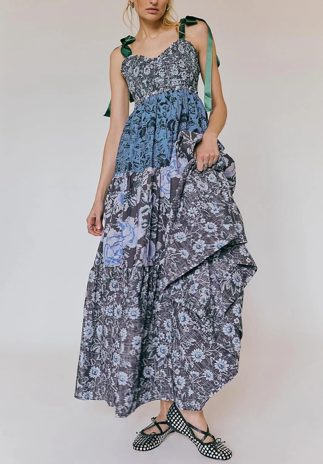 NUFIWI Boho Tie Shoulder Dress for Women Floral Patchwork Long Sundress Sleeveless Flowy Smocked Summer Bohemian Dresses