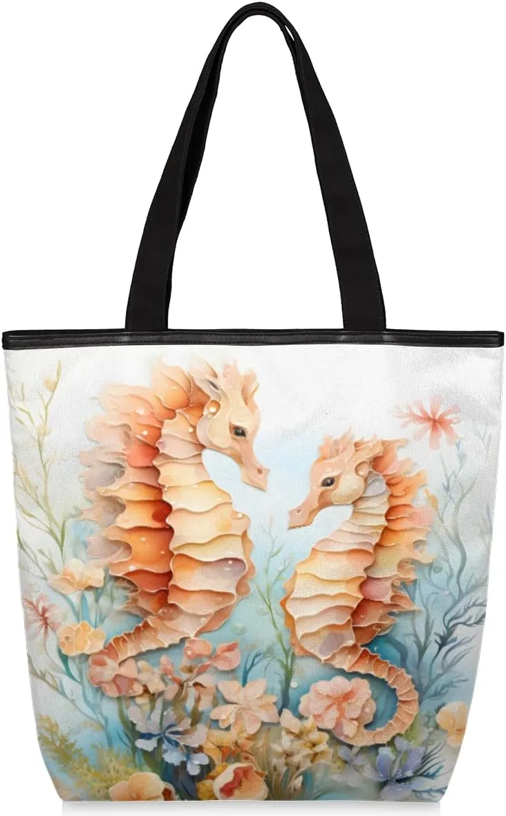 Ocean Seahorse Canvas Tote Bag for Women Large Tote Bag with Zipper & Pockets Canvas Beach Bag Shoulder Bag Reusable Shopping Bags Cute Tote Bags for Work Travel