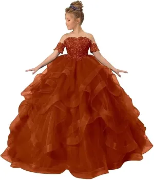 Off Shoulder Pageant Dresses for Girls Lace Applique Ruffle Flower Girl Dress Princess Ball Gown