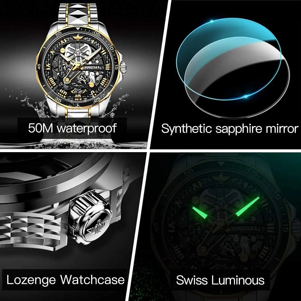 OLEVS Automatic Skeleton Mens Watches Luxury Wristwatch Mechanical Self-Winding Sapphire Crystal Tungsten Steel Watches 50M Waterproof Luminous No Battery Watches