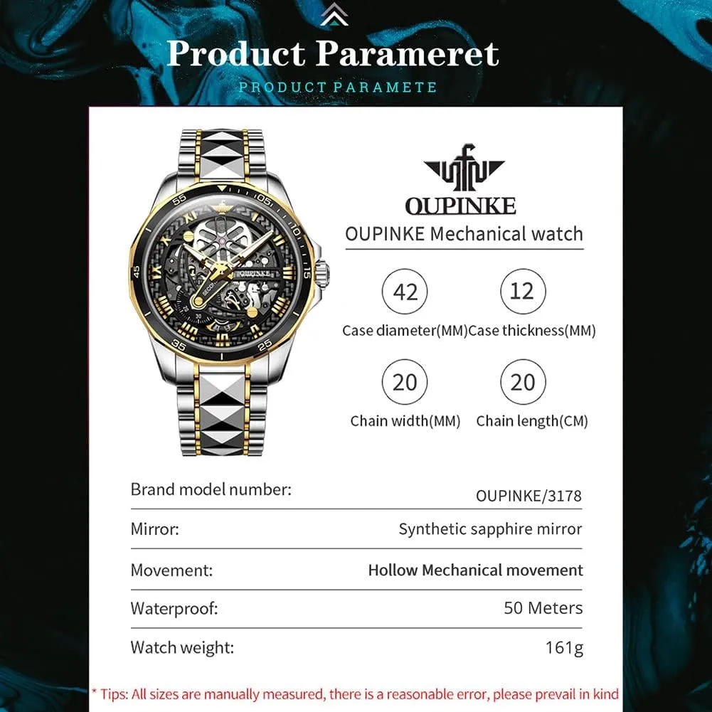 OLEVS Automatic Skeleton Mens Watches Luxury Wristwatch Mechanical Self-Winding Sapphire Crystal Tungsten Steel Watches 50M Waterproof Luminous No Battery Watches