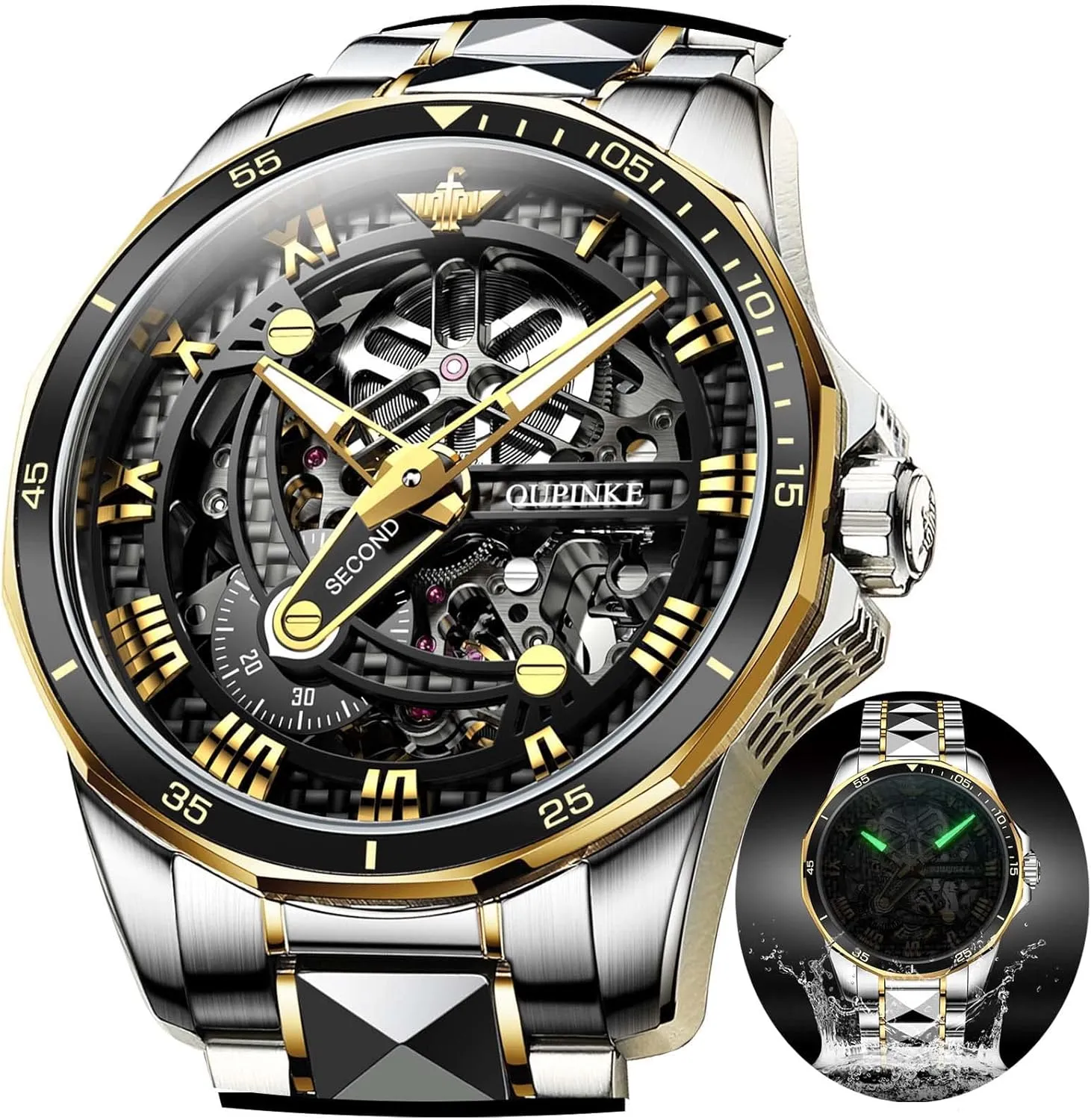 OLEVS Automatic Skeleton Mens Watches Luxury Wristwatch Mechanical Self-Winding Sapphire Crystal Tungsten Steel Watches 50M Waterproof Luminous No Battery Watches