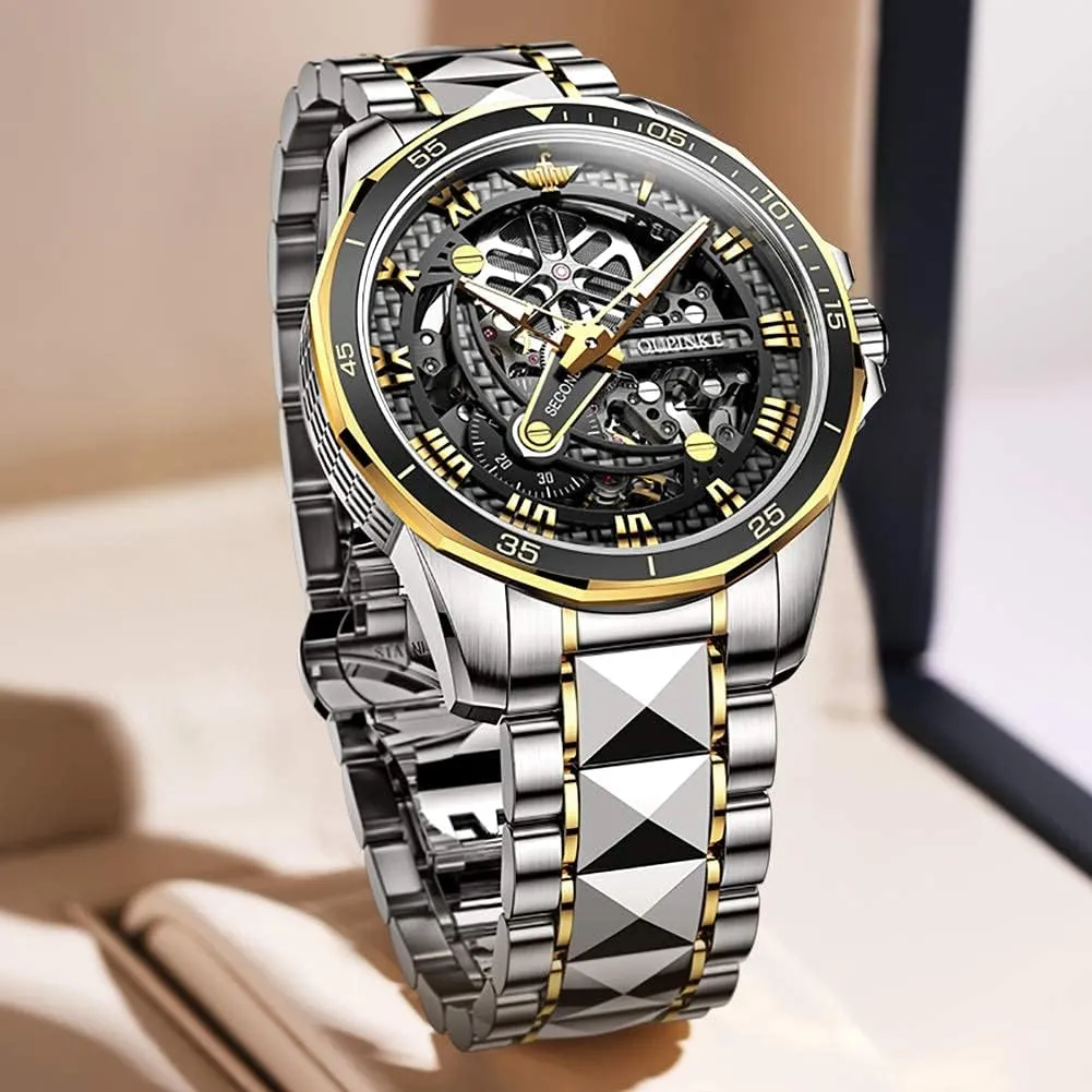 OLEVS Automatic Skeleton Mens Watches Luxury Wristwatch Mechanical Self-Winding Sapphire Crystal Tungsten Steel Watches 50M Waterproof Luminous No Battery Watches