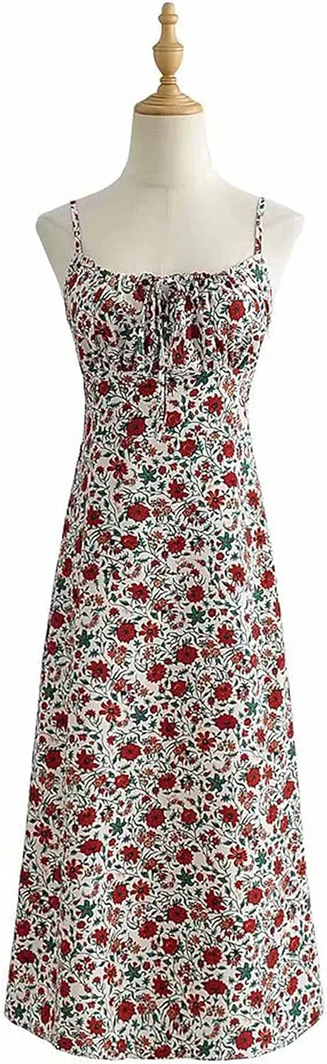 Omoone Womens Floral Dress Low-Cut Square Neck Spaghetti Strap Tie Bodycorn 90s Y2k Sun Dresses