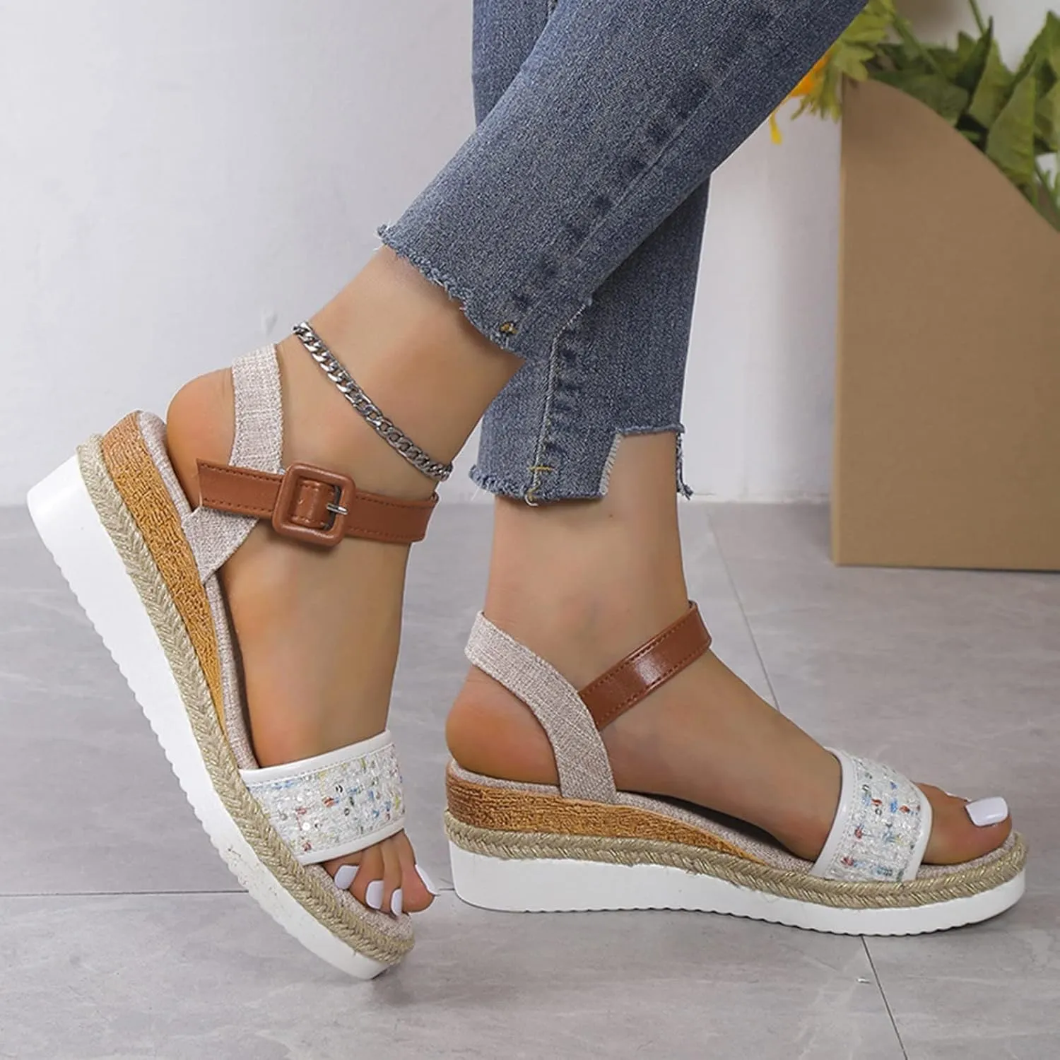 Open Toe Buckle Ankle Strap Espadrilles Flatform Wedge Casual Sandal Single Bands Open Toe Casual Walking Comfortable Sandal Comfort Breathable Lightweight Convenient Walking Outdoor Espadrilles Shoes