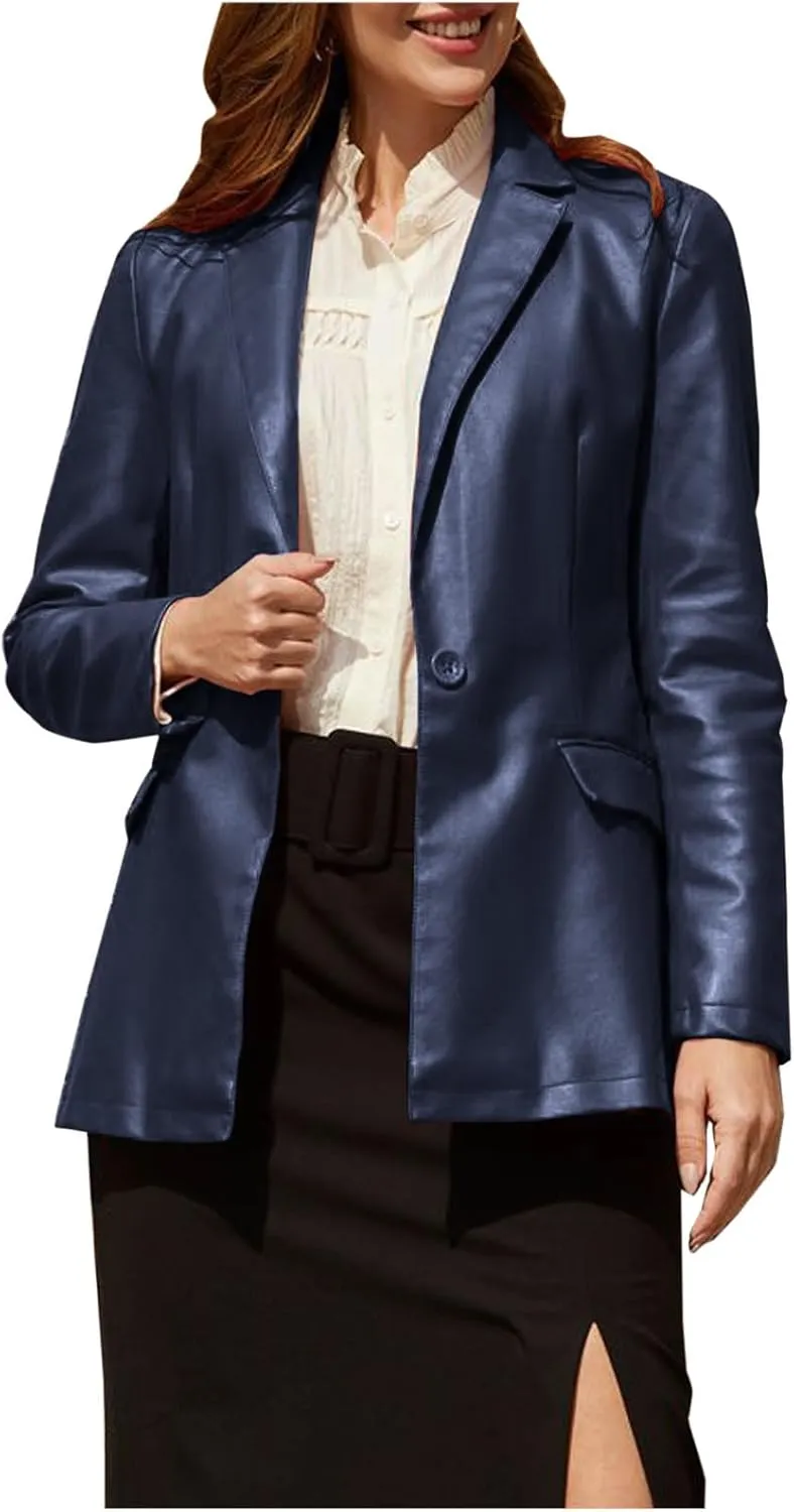 Oplxuo Women Faux Leather Blazer Jackets Notch Lapel Long Sleeve Solid Fashion Vegan Leather One Button Coats with Pockets
