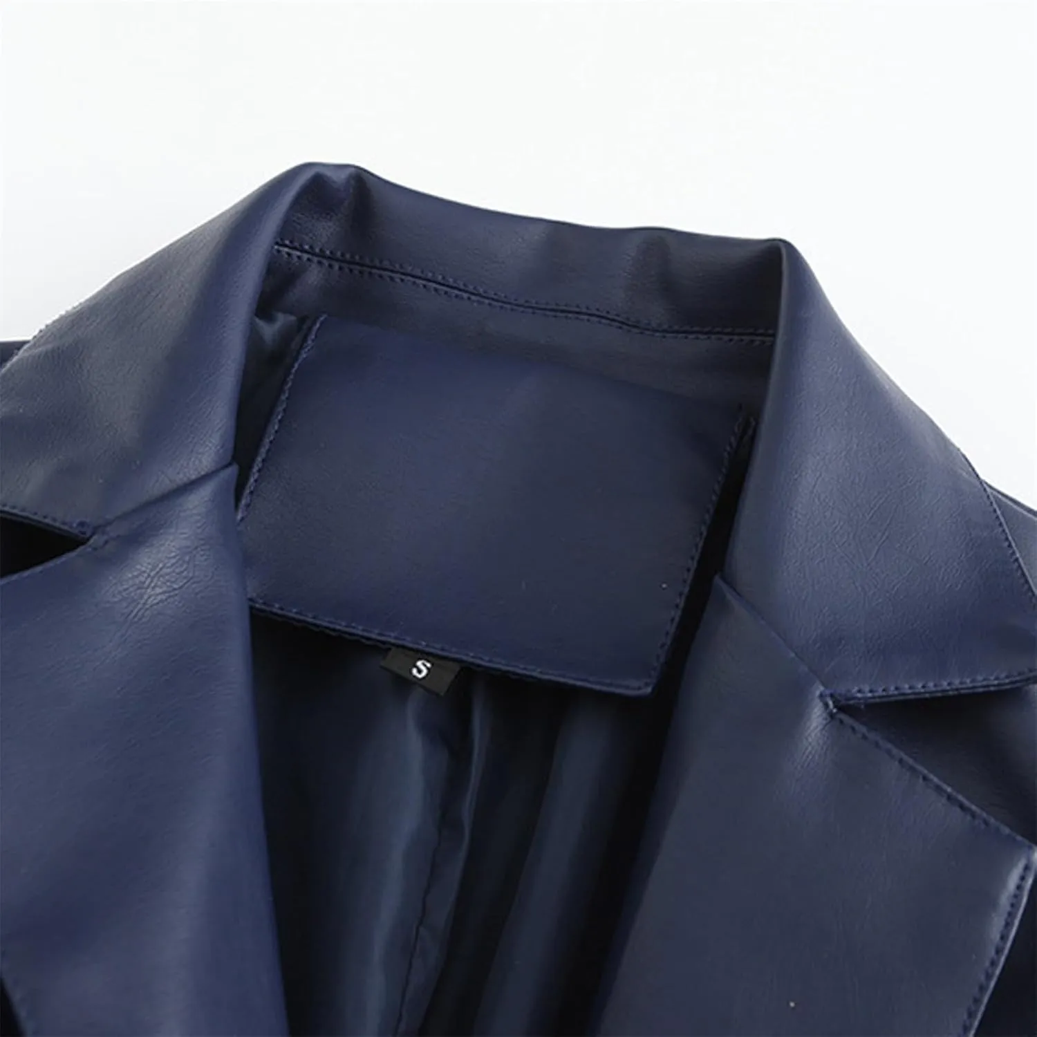 Oplxuo Women Faux Leather Blazer Jackets Notch Lapel Long Sleeve Solid Fashion Vegan Leather One Button Coats with Pockets