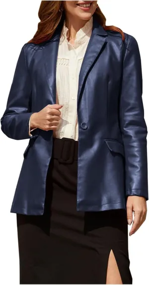 Oplxuo Women Faux Leather Blazer Jackets Notch Lapel Long Sleeve Solid Fashion Vegan Leather One Button Coats with Pockets