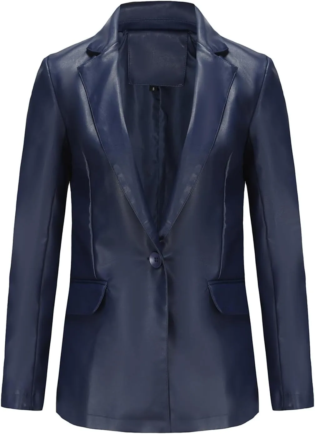 Oplxuo Women Faux Leather Blazer Jackets Notch Lapel Long Sleeve Solid Fashion Vegan Leather One Button Coats with Pockets