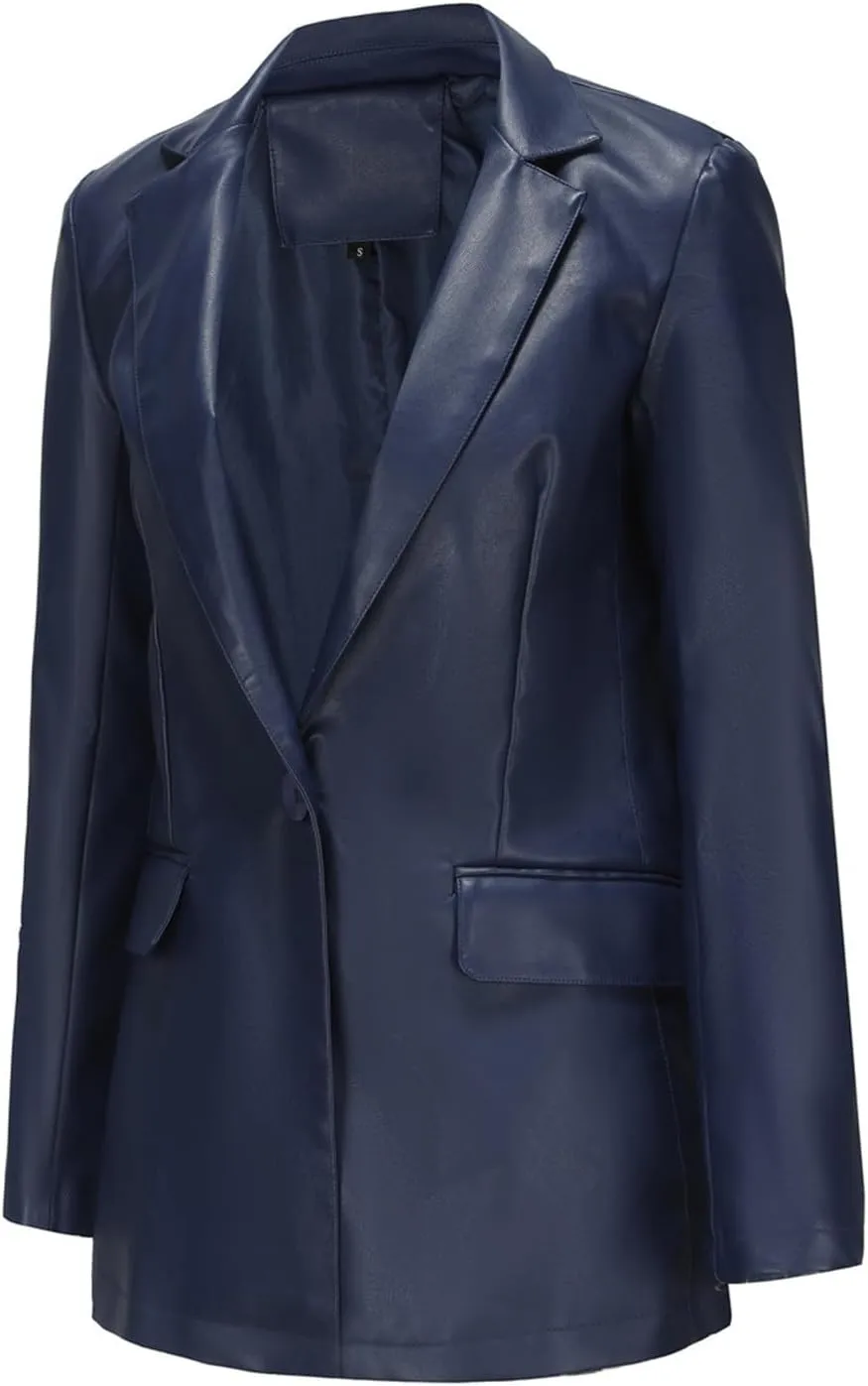 Oplxuo Women Faux Leather Blazer Jackets Notch Lapel Long Sleeve Solid Fashion Vegan Leather One Button Coats with Pockets