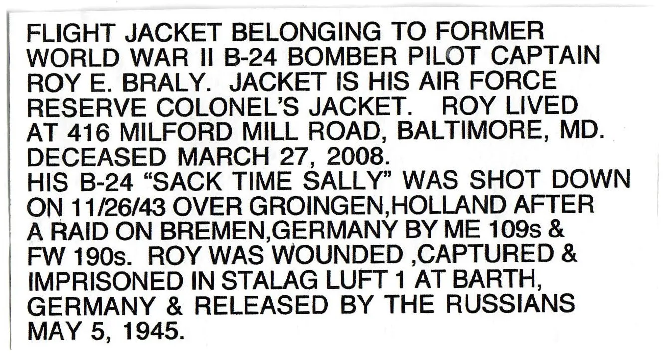 Original U.S. Vietnam War Era USAF L2-B Flight Jacket Grouping Belonging to Colonel Roy E. Braly - WWII B-24 Pilot Shot Down Over Holland and Became POW