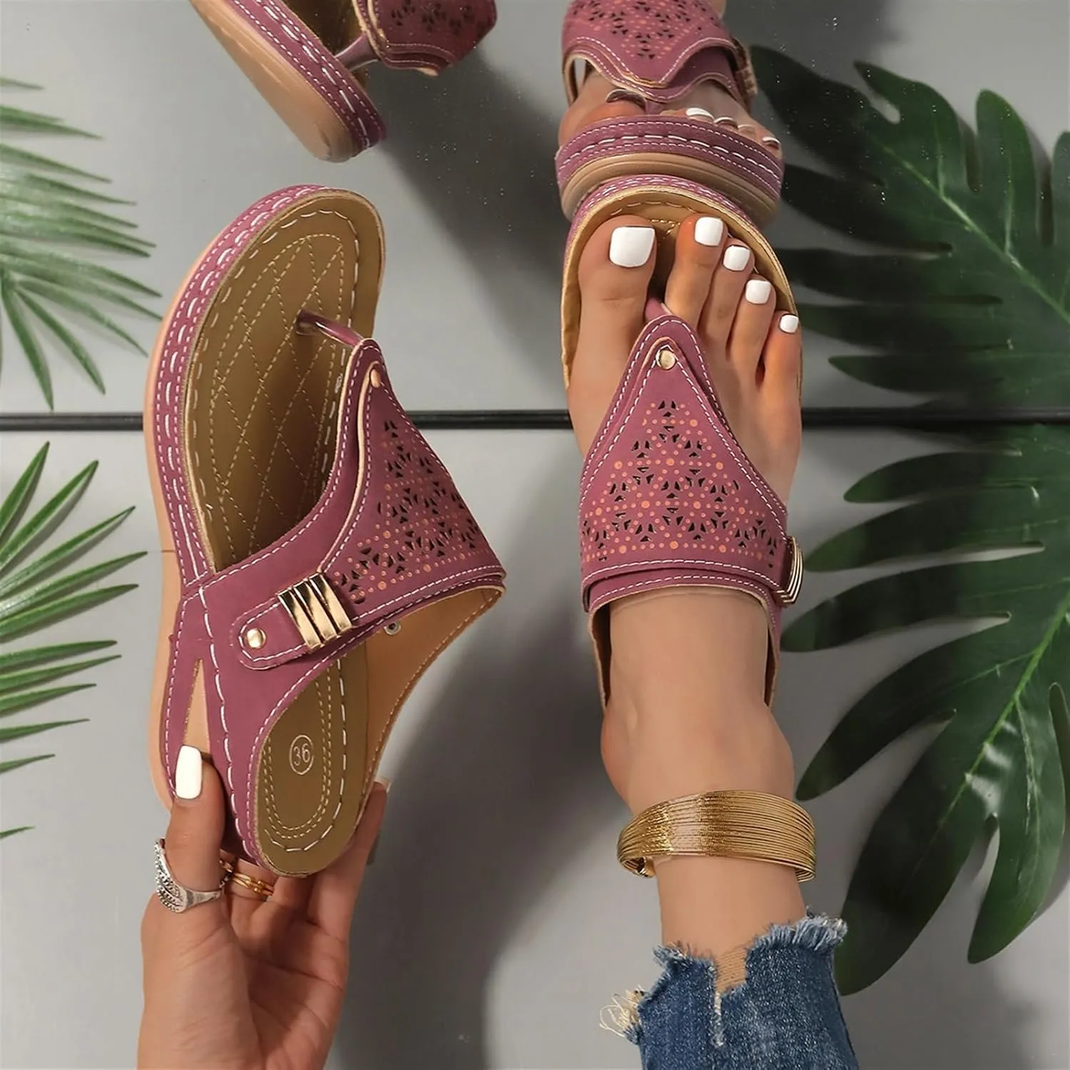 Orthopedic Sandals for Women Arch Support Breathable Dressy Wedge Sandals Comfortable Walking Thong Sandals Hollow Flower Wedge Sandal Dressy Summer Beach Casual Shoes