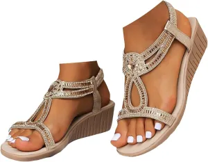 Orthopedic Sandals for Women Wide Width, Women Dressy Summer Comfortable Platform Wedges Open Toe Ankle Strap Bohemian Sandals with Arch Support Slip On Boho Sandal Dress Shoes