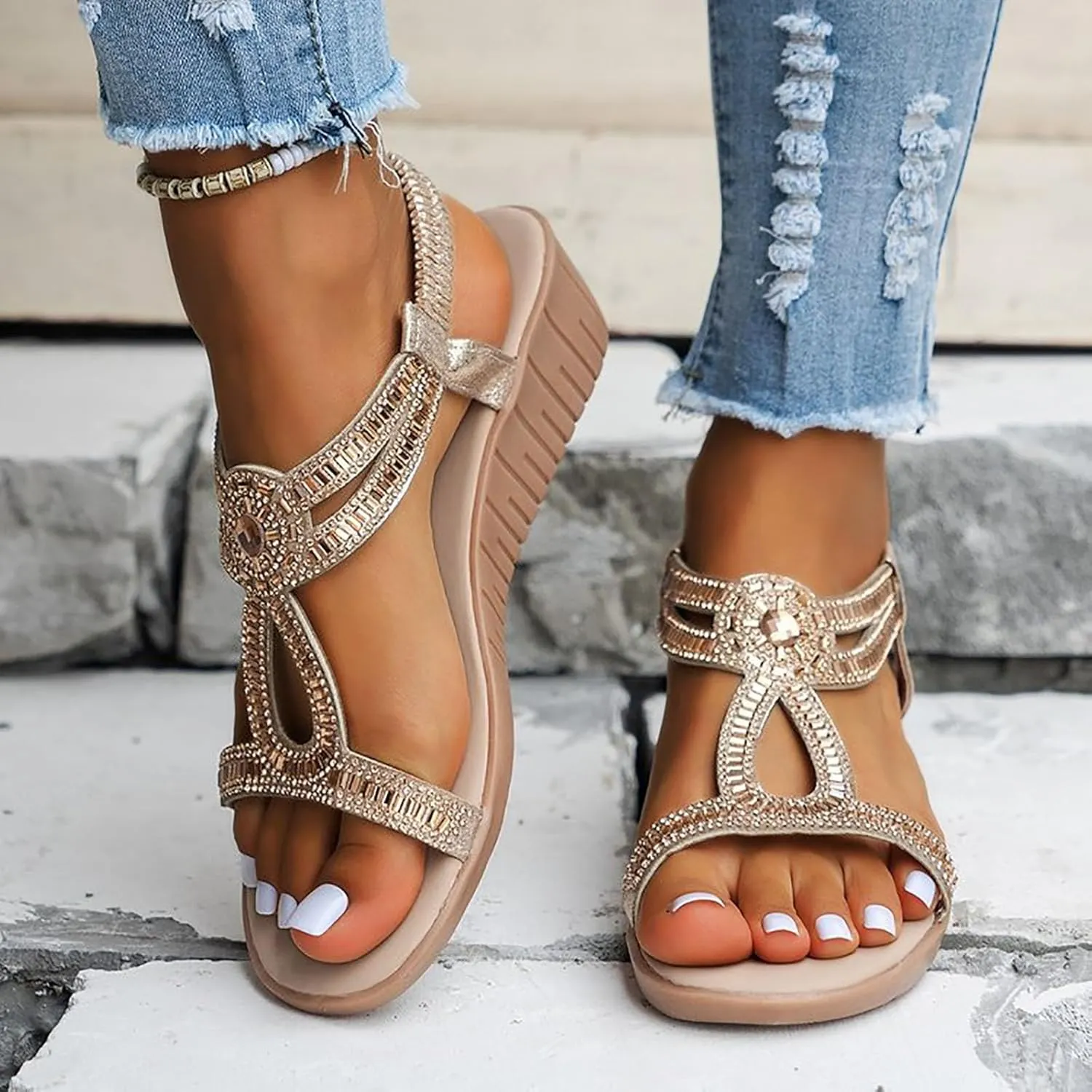 Orthopedic Sandals for Women Wide Width, Women Dressy Summer Comfortable Platform Wedges Open Toe Ankle Strap Bohemian Sandals with Arch Support Slip On Boho Sandal Dress Shoes