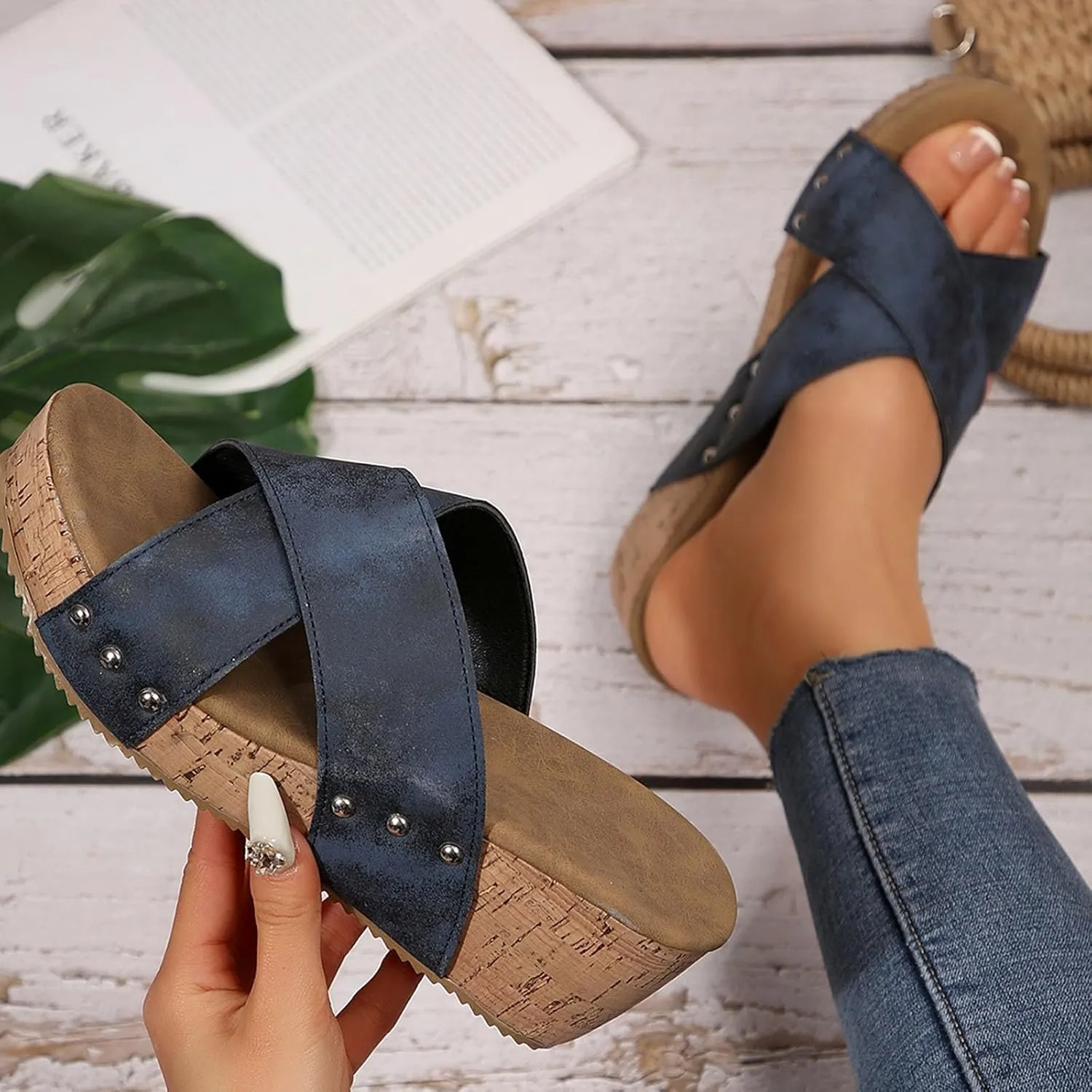 Orthopedic Wedge Sandals for Women Comfortable Leather Slip On Platform Sandals Women Trendy Crossover Straps Open Toe Sandal Shoes Breathable Walking Slippers