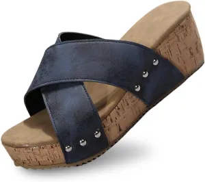 Orthopedic Wedge Sandals for Women Comfortable Leather Slip On Platform Sandals Women Trendy Crossover Straps Open Toe Sandal Shoes Breathable Walking Slippers