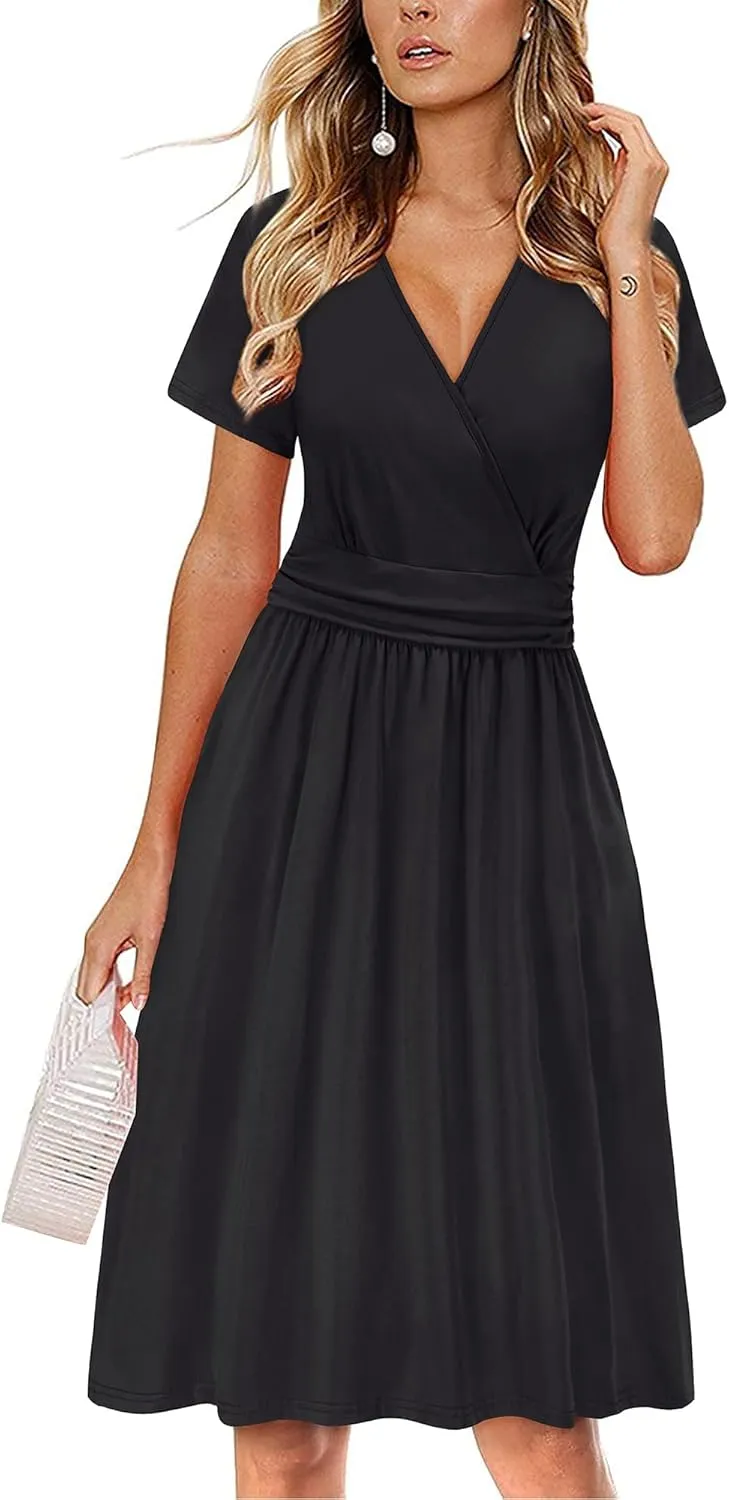 OUGES Women's Summer Short Sleeve V-Neck Floral Short Party Dress with Pockets