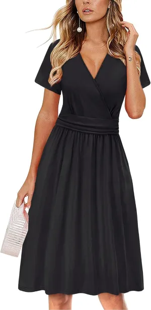 OUGES Women's Summer Short Sleeve V-Neck Floral Short Party Dress with Pockets
