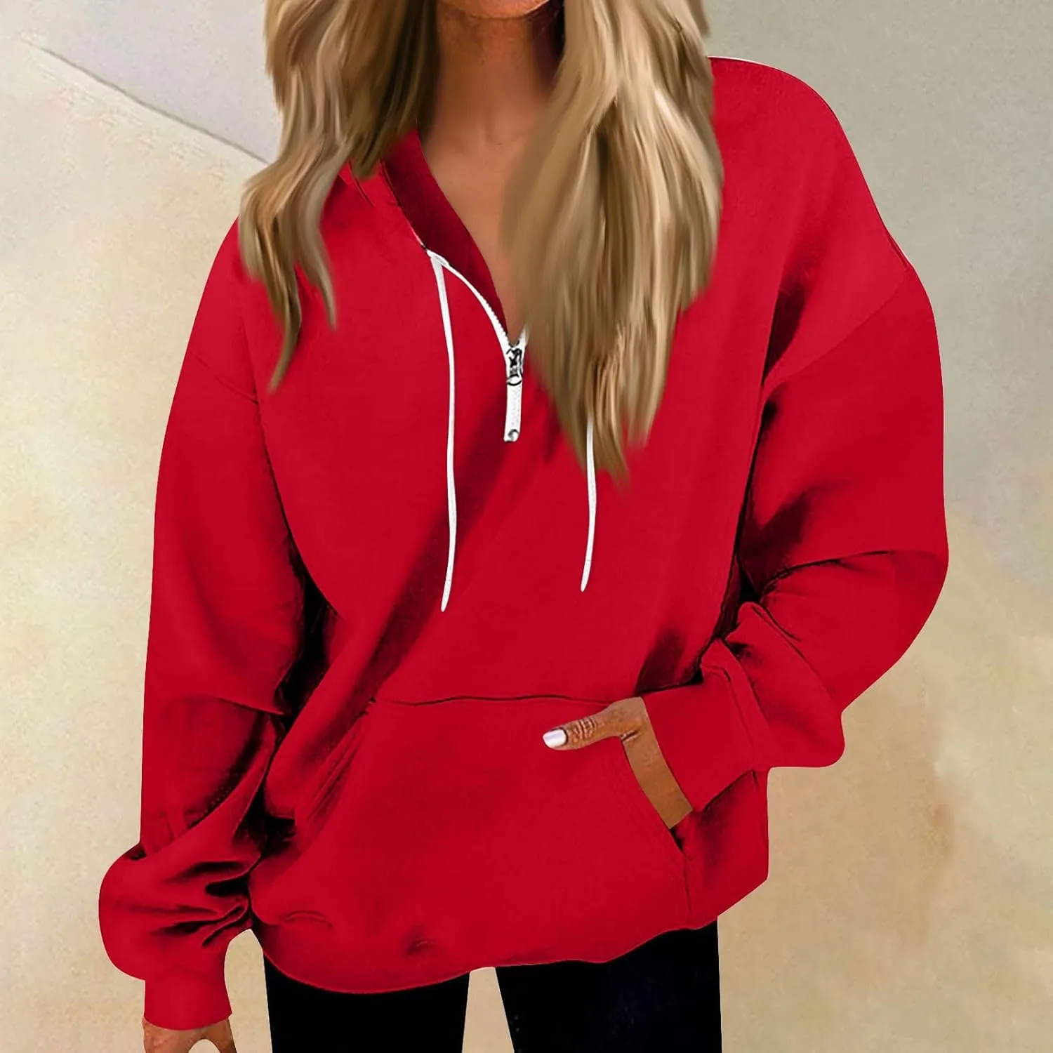 Oversized Zip Up Hoodie Women Fleece Quarter Zip Pullover Sweatshirts Casual Long Sleeve Top Fall Clothes w/Pockets